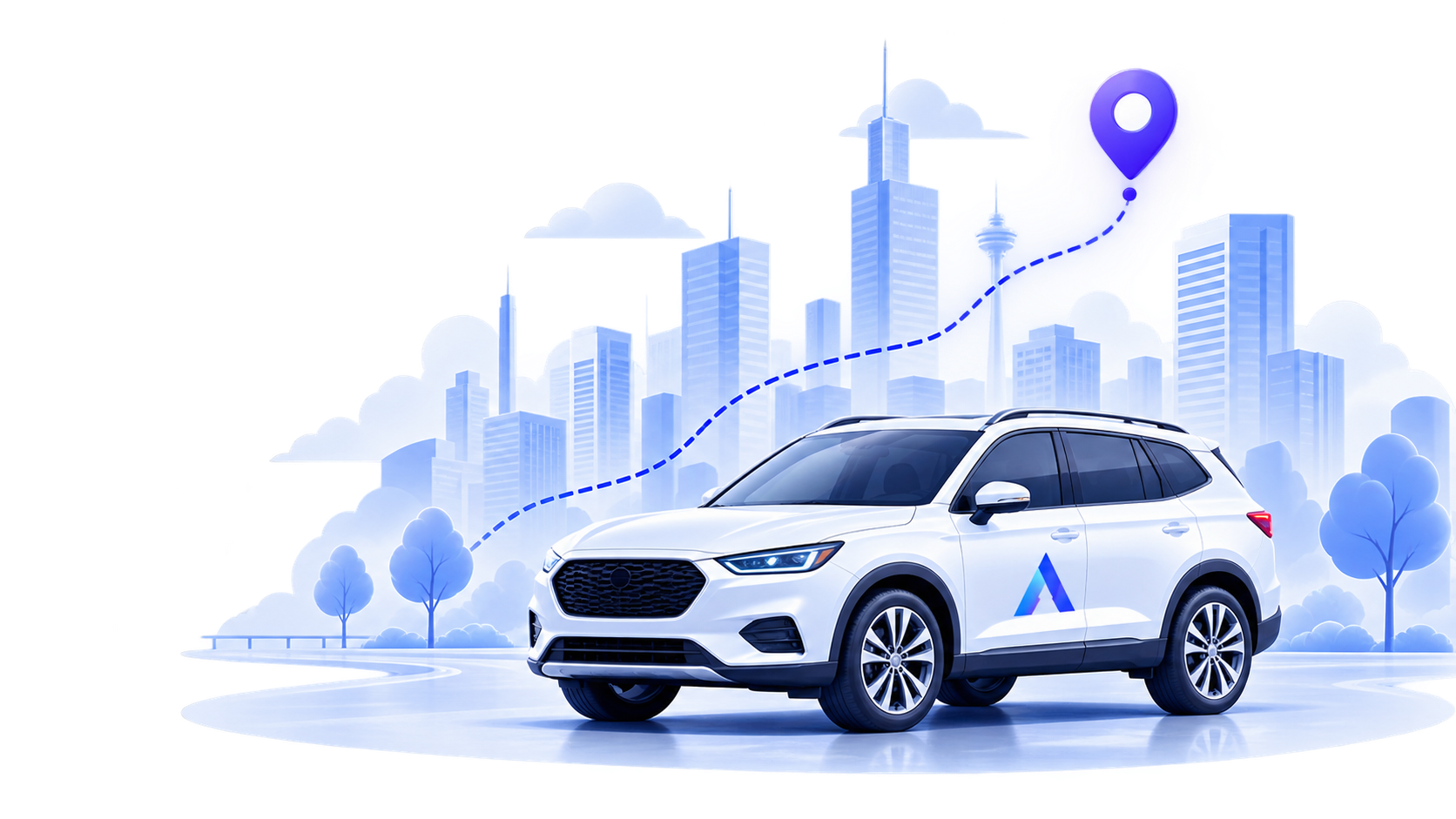 White Meridian driver vehicle in a connected city