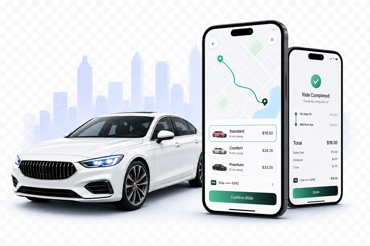 White Triplur sedan beside two phones showing ride booking and receipt screens